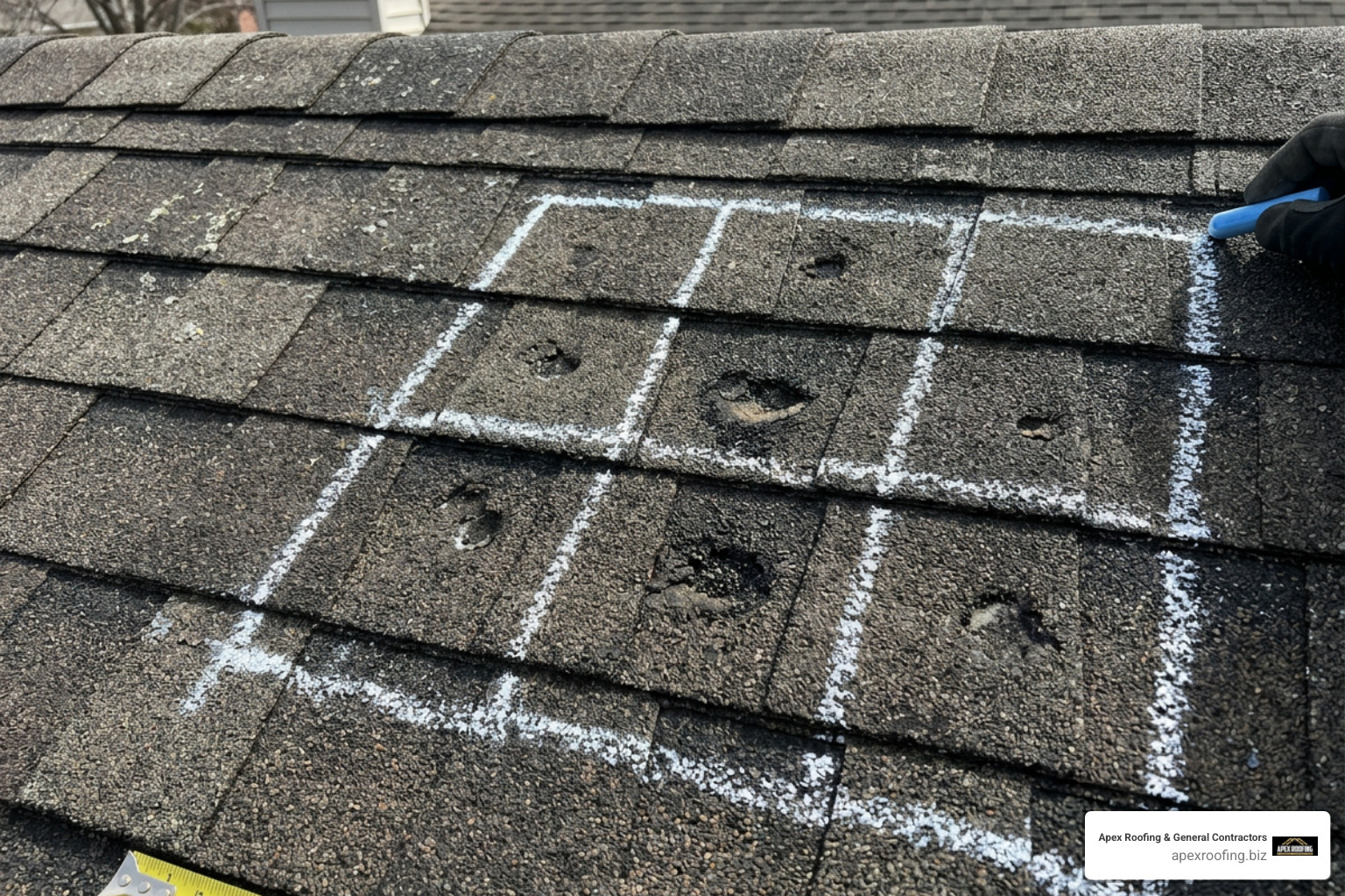 chalked 10x10 test square showing hail strikes on roofing shingles
